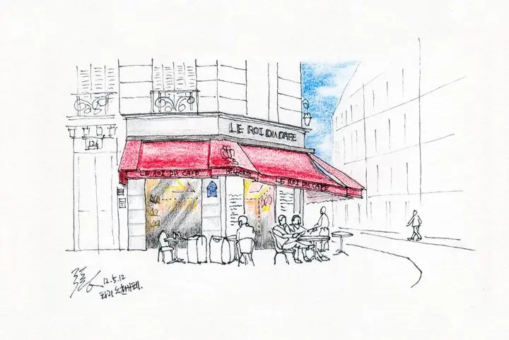 Red Cafe Storefront Sketch, Wall Art, Line Art