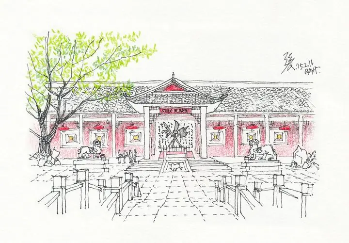 Red Chinese Building Entrance, Wall Art, Line Art