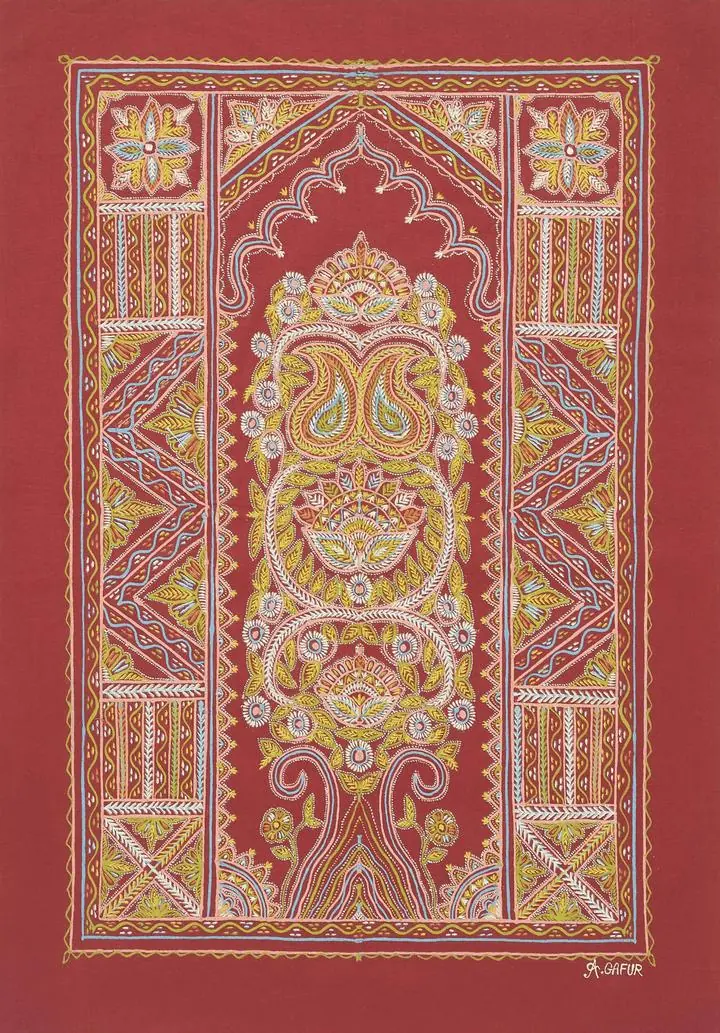 Red Floral Pattern Rug, Indian Art, Rogan Art