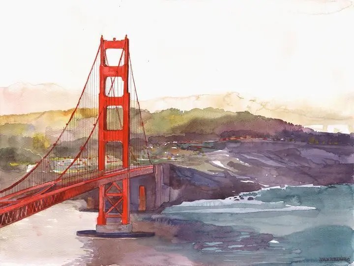 Red Golden Gate Bridge 2, Wall Art, Water Color Art, Water Color Art A