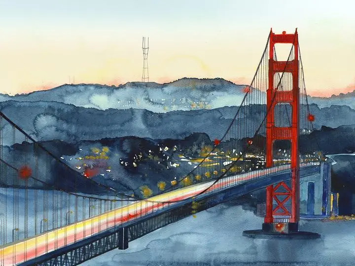 Red Golden Gate Bridge, Wall Art, Water Color Art, Water Color Art A