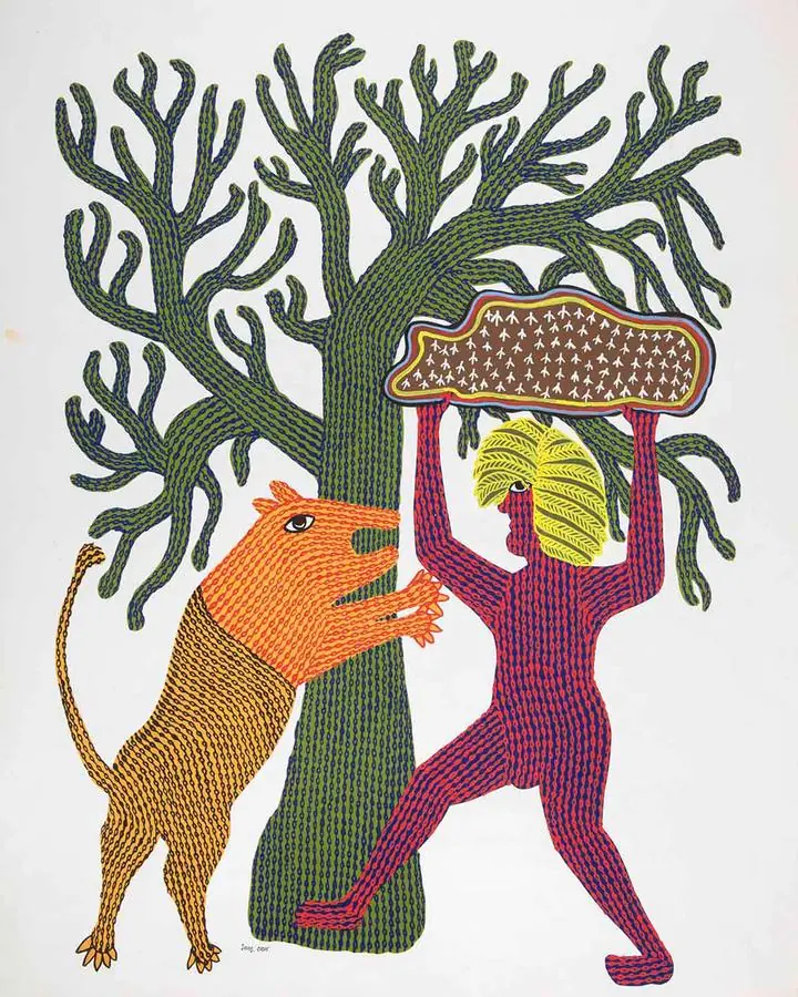 Red Man Yellow Hair Tree, Indian Art, Gond Art