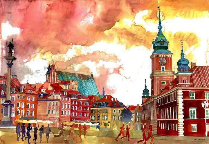 Red Old Town Buildings, Wall Art, Water Color Art, Water Color Art A