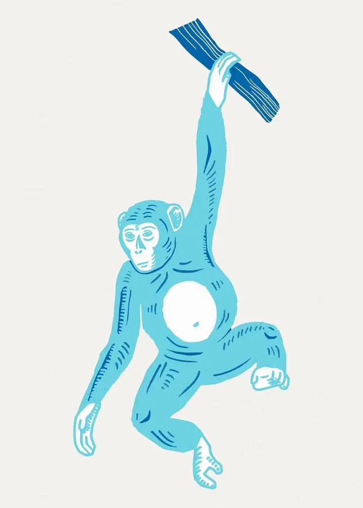 Retro Light Blue Monkey, Aesthetic Art, Animal & Birds, Animal & Birds B