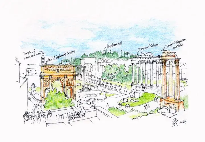 Roman Ruins Landscape Sketch, Wall Art, Line Art