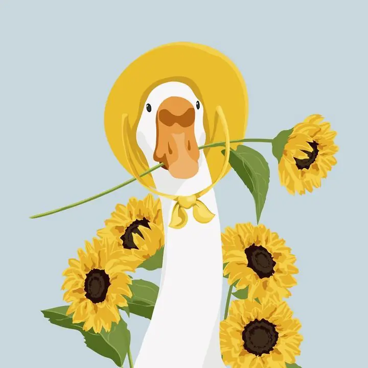 Summer Duck- Sunflower And Hat Illustration Vector, Aesthetic Art, Animal & Birds, Animal & Birds B