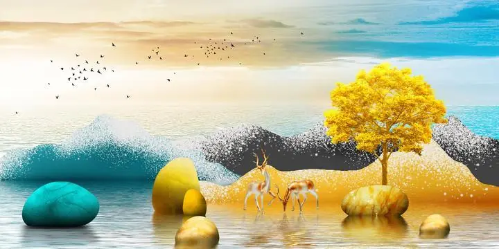 Teal Marble Rock, Wall Art, Old Gold, Gold Landscape