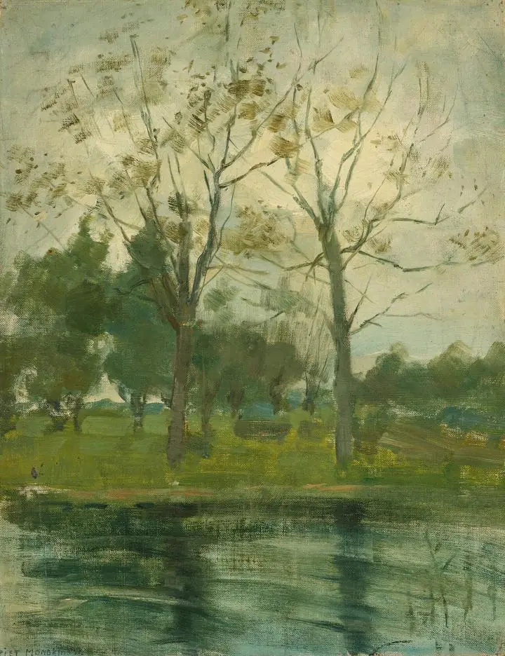 Two Trees Silhouetted Behind A Water Course (1900-02), Paintings, Piet Mondrian