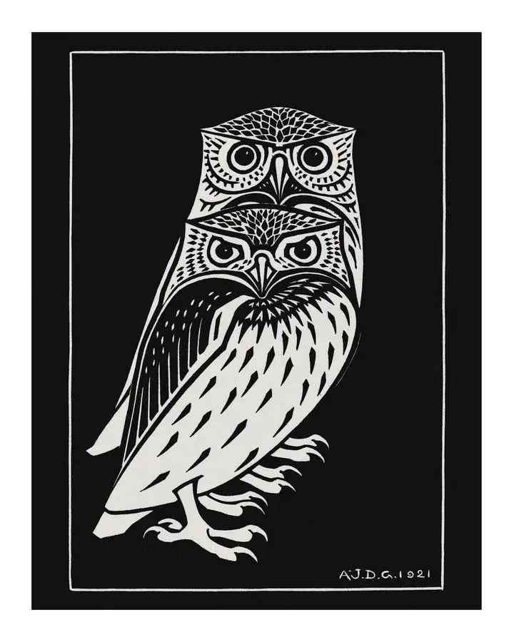 Two Owls Vintage Illustration, Aesthetic Art, Animal & Birds, Animal & Birds B