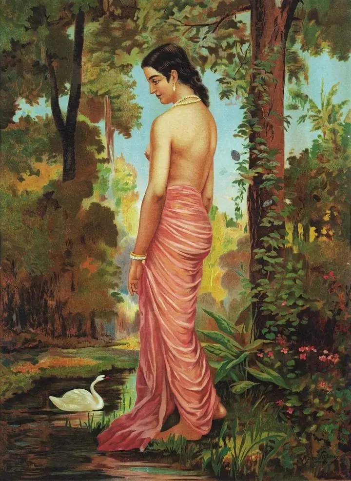 Varini, Nymph By The River With A Swan, Paintings, Raja Ravi Verma