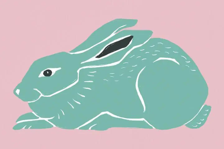 Vintage Linocut Turquoise Rabbit, Aesthetic Art, Animal & Birds, Animal & Birds B