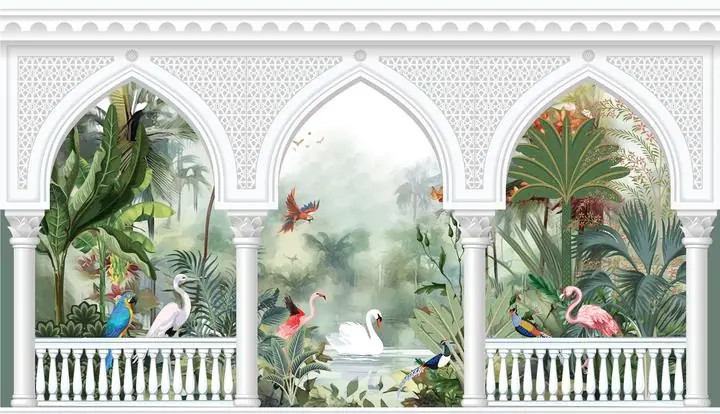 White Arch Tropical, Indian Art, Pichwai, Pichwai Landscape
