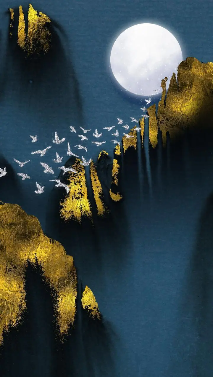 White Birds Golden Mountains Moon, Wall Art, Decor Wall Art, Decor Wall Art G