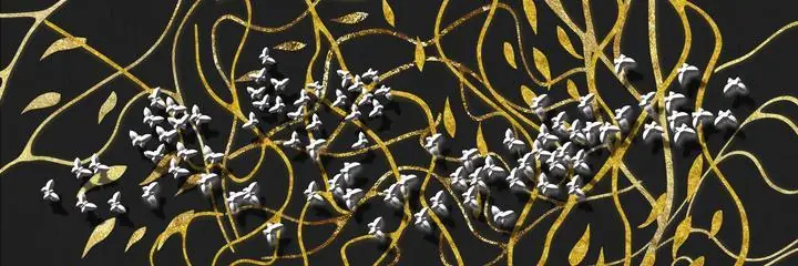 White Butterflies Gold Branches, Wall Art, Old Gold, Gold Landscape