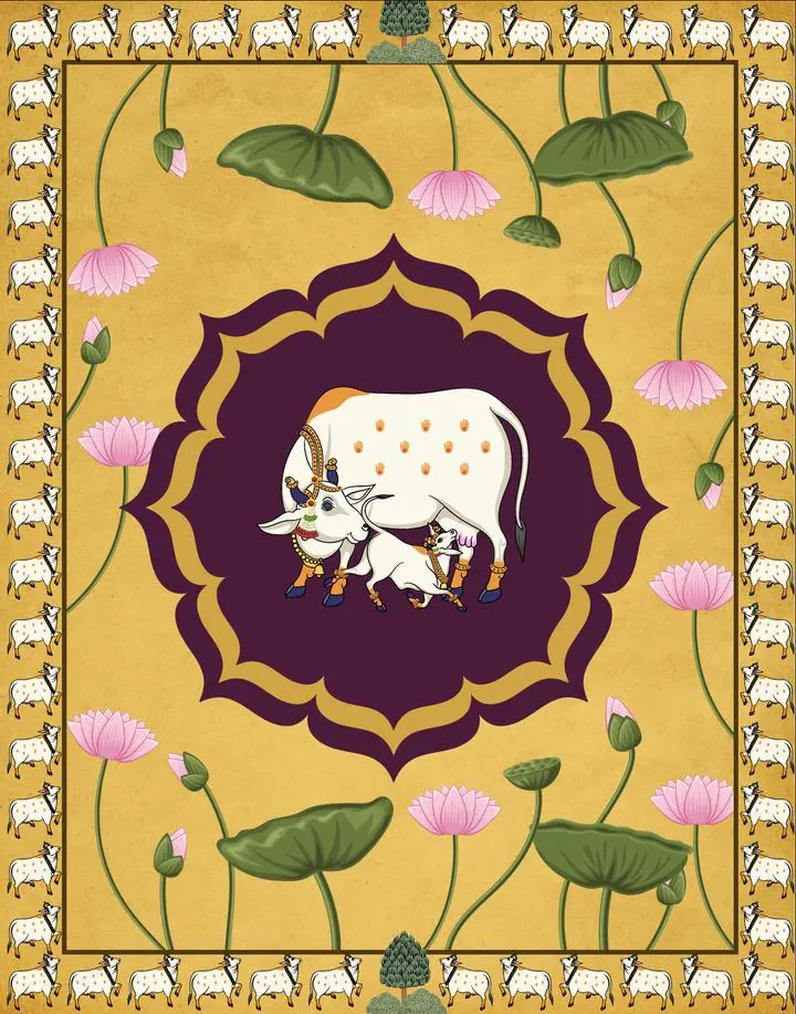 White Cow And Calf 2, Indian Art, Pichwai, Pichwai Portrait