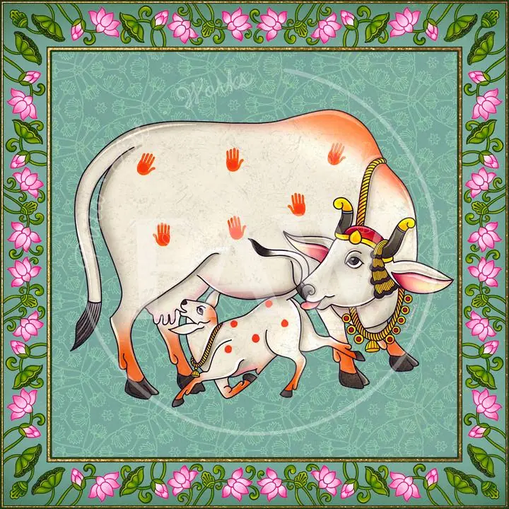 White Cow And Calf 3, Indian Art, Pichwai, Pichwai Square