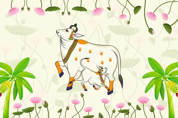 White Cow Calf Pink Flowers, Indian Art, Pichwai, Pichwai Landscape