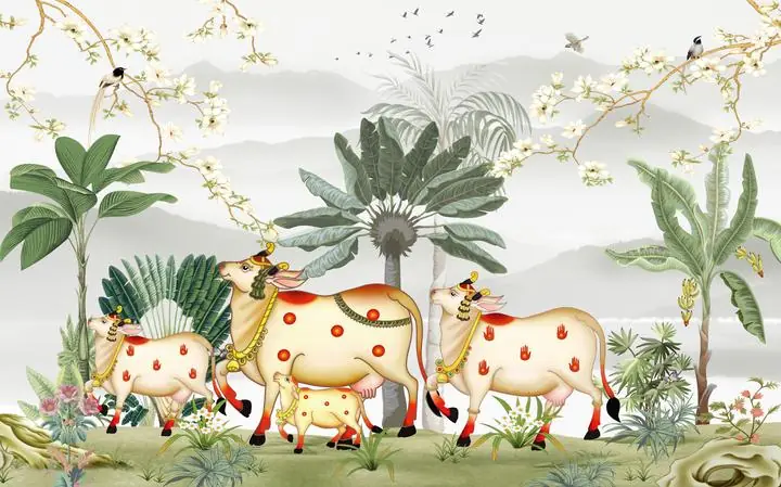 White Cow Family, Indian Art, Pichwai, Pichwai Landscape