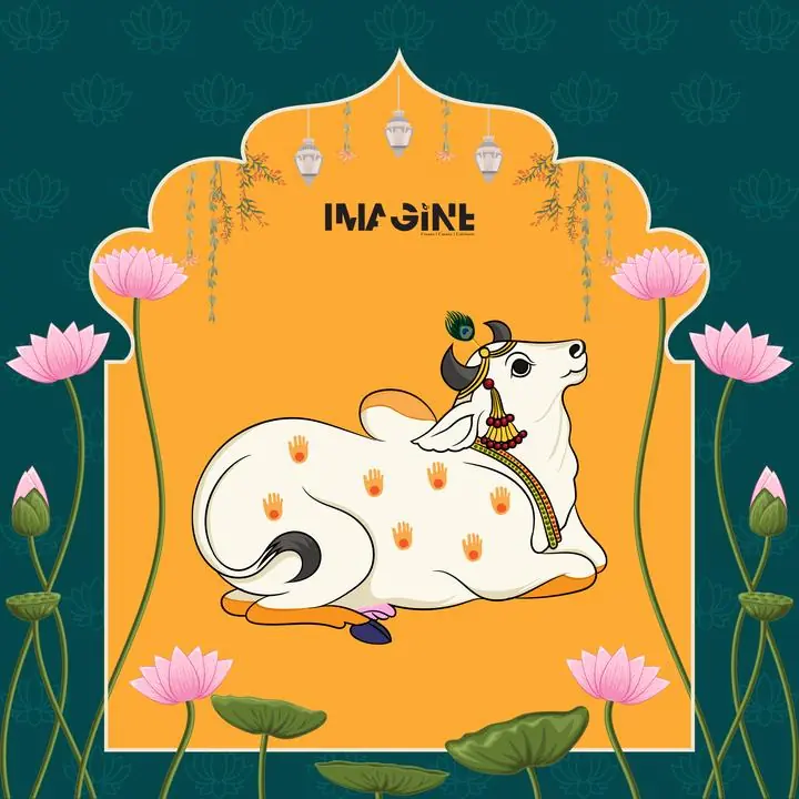 White Cow Lotus Flower, Indian Art, Pichwai, Pichwai Square