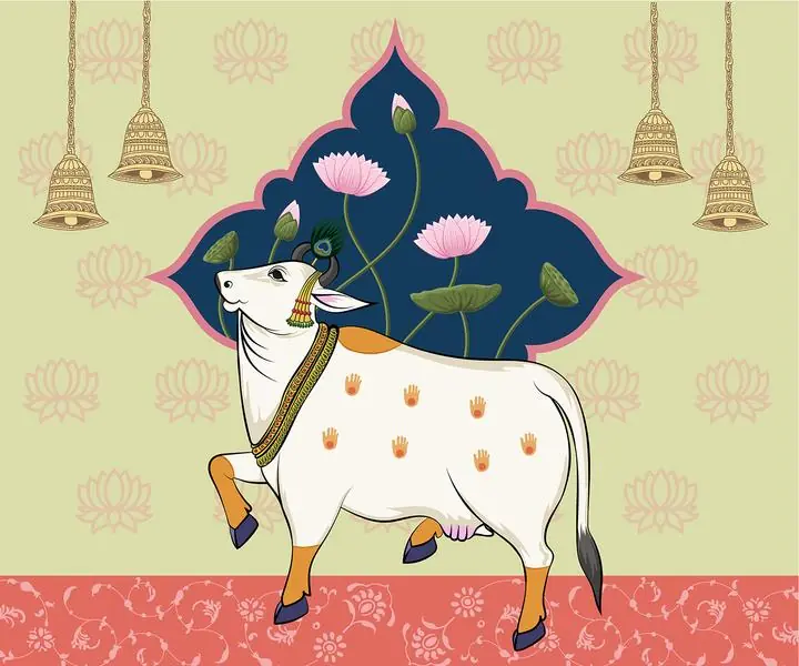 White Cow With Ornaments, Indian Art, Pichwai, Pichwai Landscape