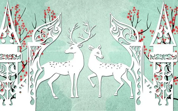 White Deer Red Berries Green Background, Wallpaper, Old 3D