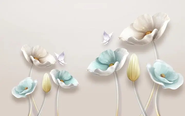 White Flower Light Blue Yellow Bud, Wallpaper, Old 3D