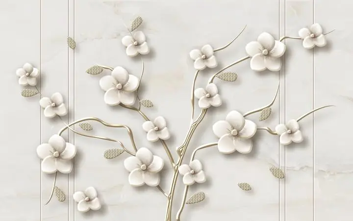 White Flowers Gold Stems, Wallpaper, Old 3D