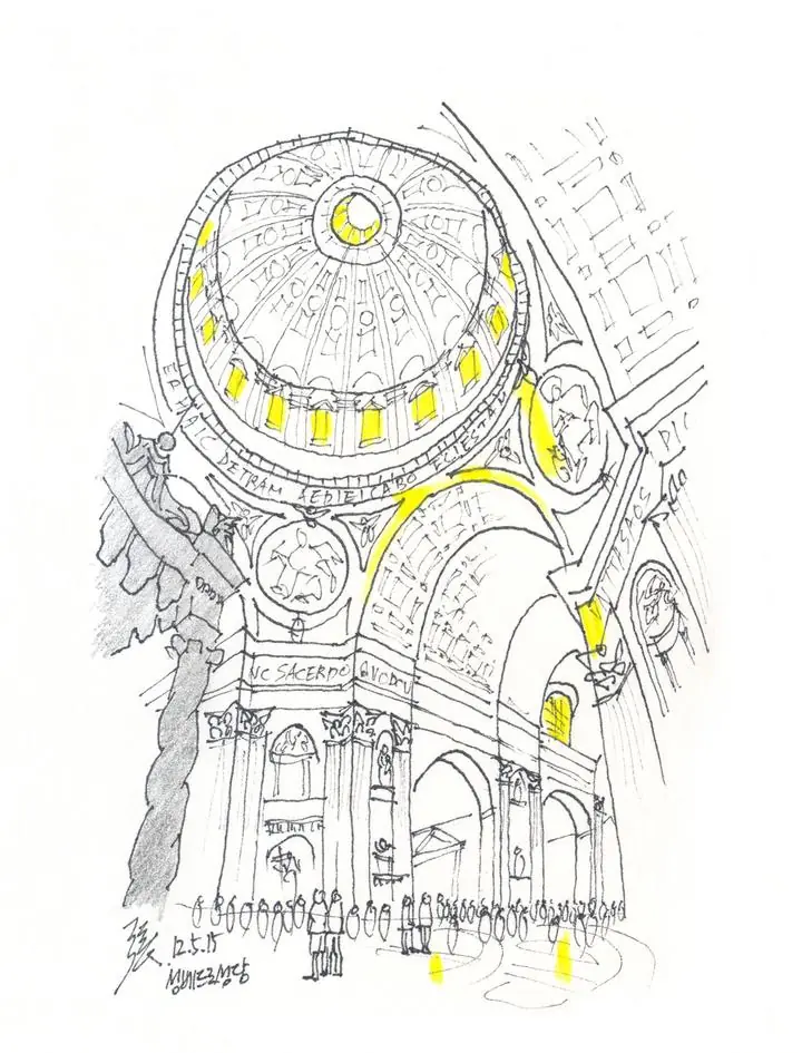 Yellow Architectural Building Sketch, Wall Art, Line Art