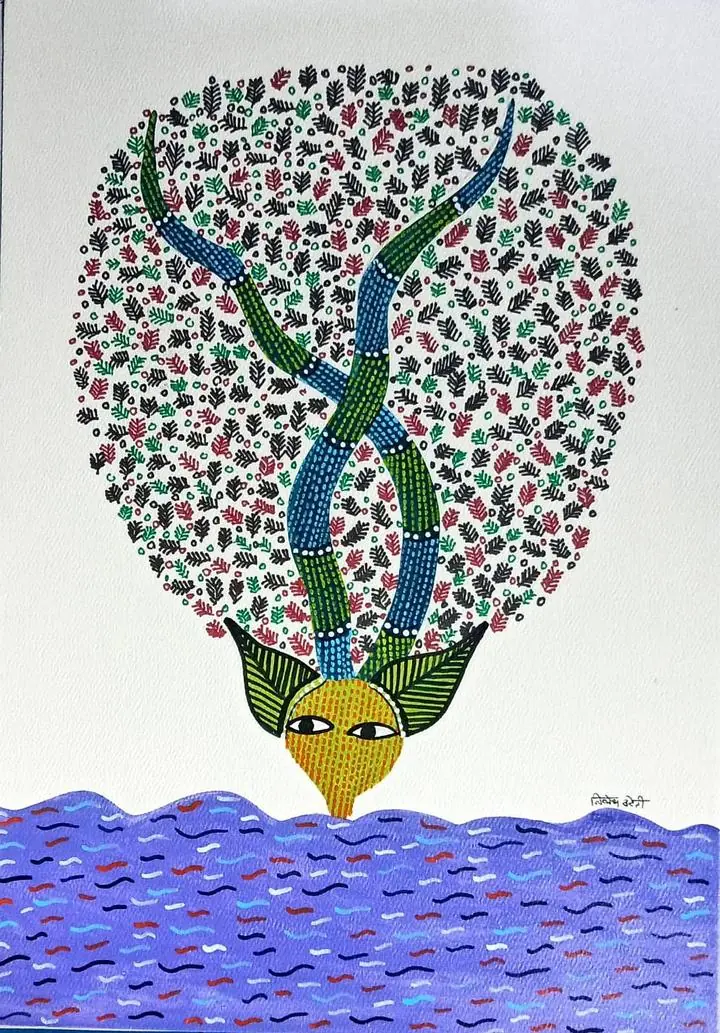 Yellow Bird Under Water, Indian Art, Gond Art