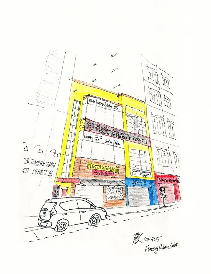 Yellow Building Street, Wall Art, Line Art