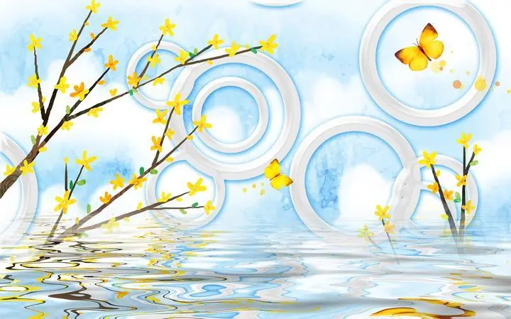 Yellow Butterfly Brown Branches Flowers White, Wallpaper, Old 3D