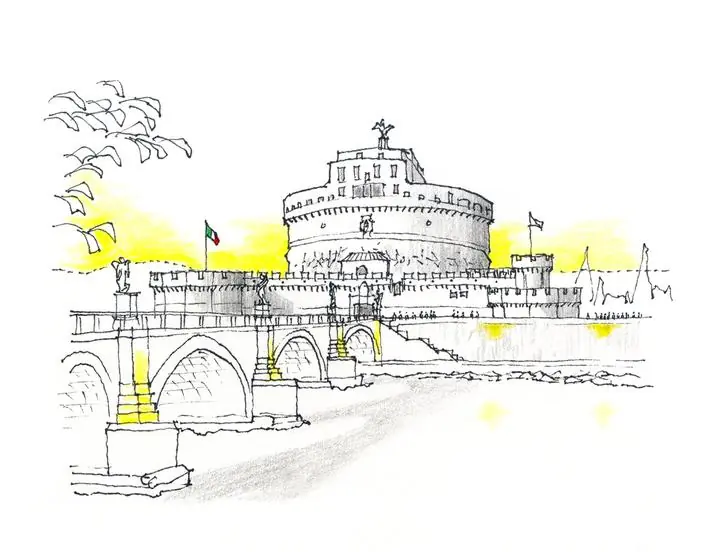 Yellow Castle Bridge, Wall Art, Line Art
