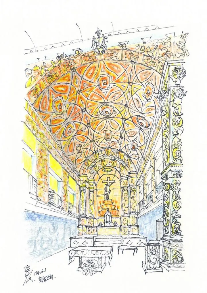 Yellow Church Interior, Wall Art, Line Art