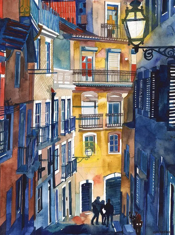 Yellow City Street, Wall Art, Water Color Art, Water Color Art A