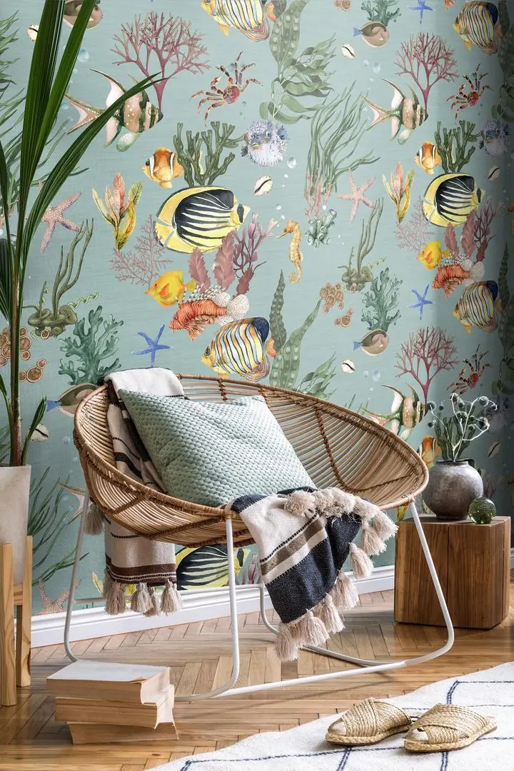 Yellow Fish Blue Starfish Green Seaweed, Wallpaper, Under Water