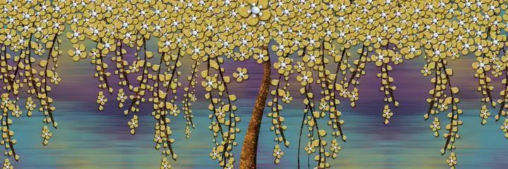 Yellow Flowers Tree Branches, Wall Art, Old Gold, Gold Landscape