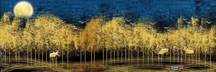 Yellow Moonlit Forest, Wall Art, Old Gold, Gold Landscape