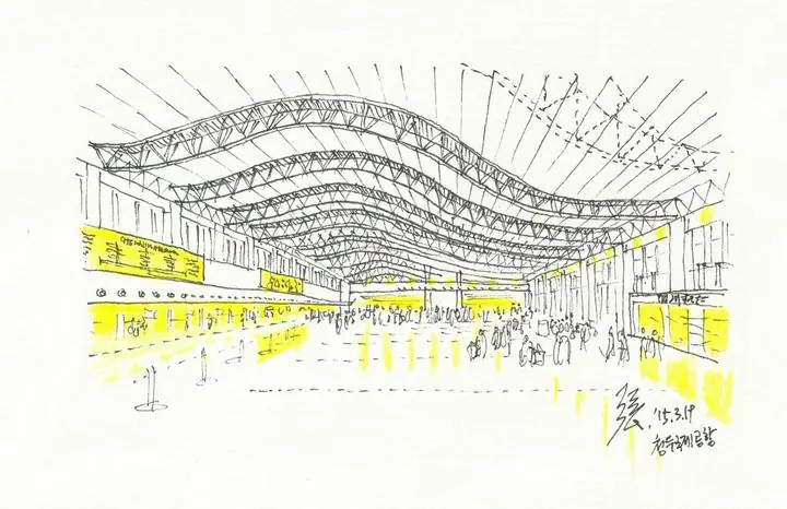 Yellow Train Station Interior, Wall Art, Line Art