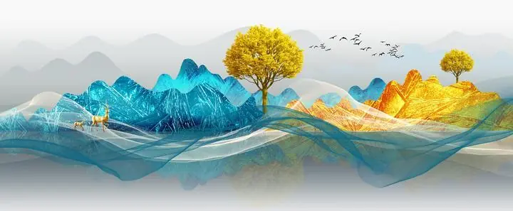 Yellow Tree Blue Mountains Brown Deer, Wall Art, Old Gold, Gold Landscape