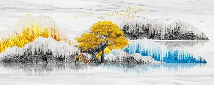 Yellow Tree Deer Landscape 3, Wall Art, Old Gold, Gold Landscape
