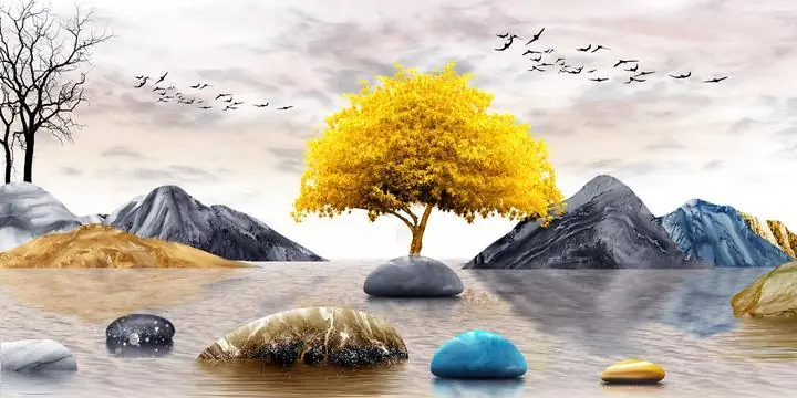 Yellow Tree Rock, Wall Art, Old Gold, Gold Landscape