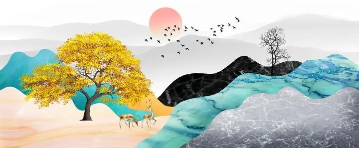 Yellow Tree With Deer 2, Wall Art, Old Gold, Gold Landscape