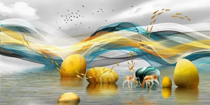 Yellow Water Rocks, Wall Art, Old Gold, Gold Landscape