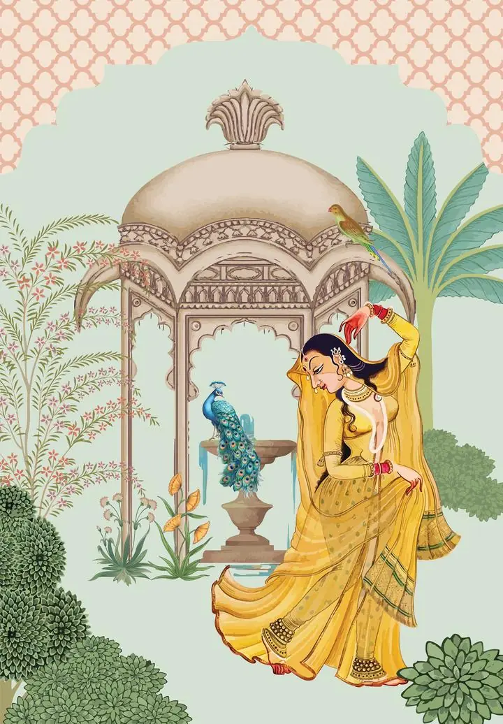 Yellow Woman Dancing Outdoors, Indian Art, Pichwai, Pichwai Portrait